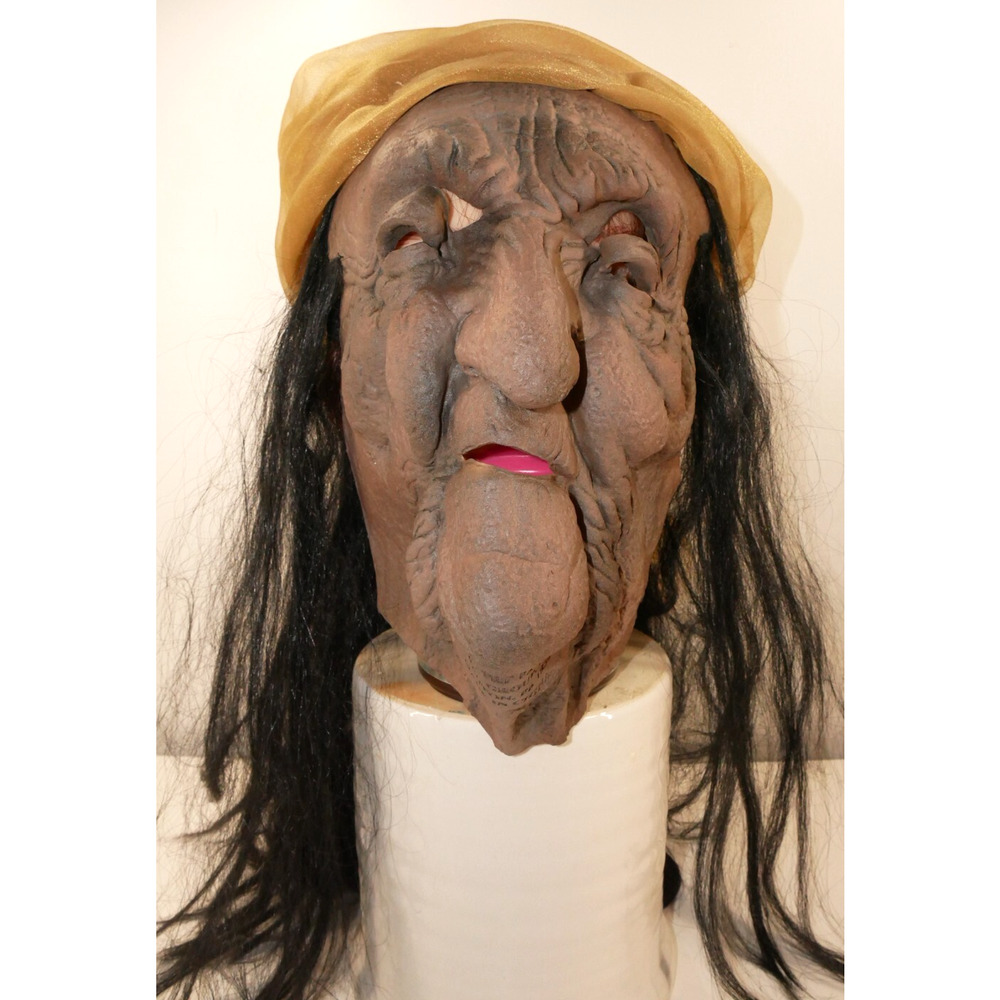 VTG 1998 The Paper Magic Group Witch Old Lady Long Black Hair Halloween Mask